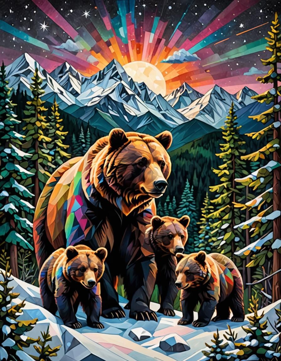 Colorful Geometric Line Art: Mama Bear and Cubs