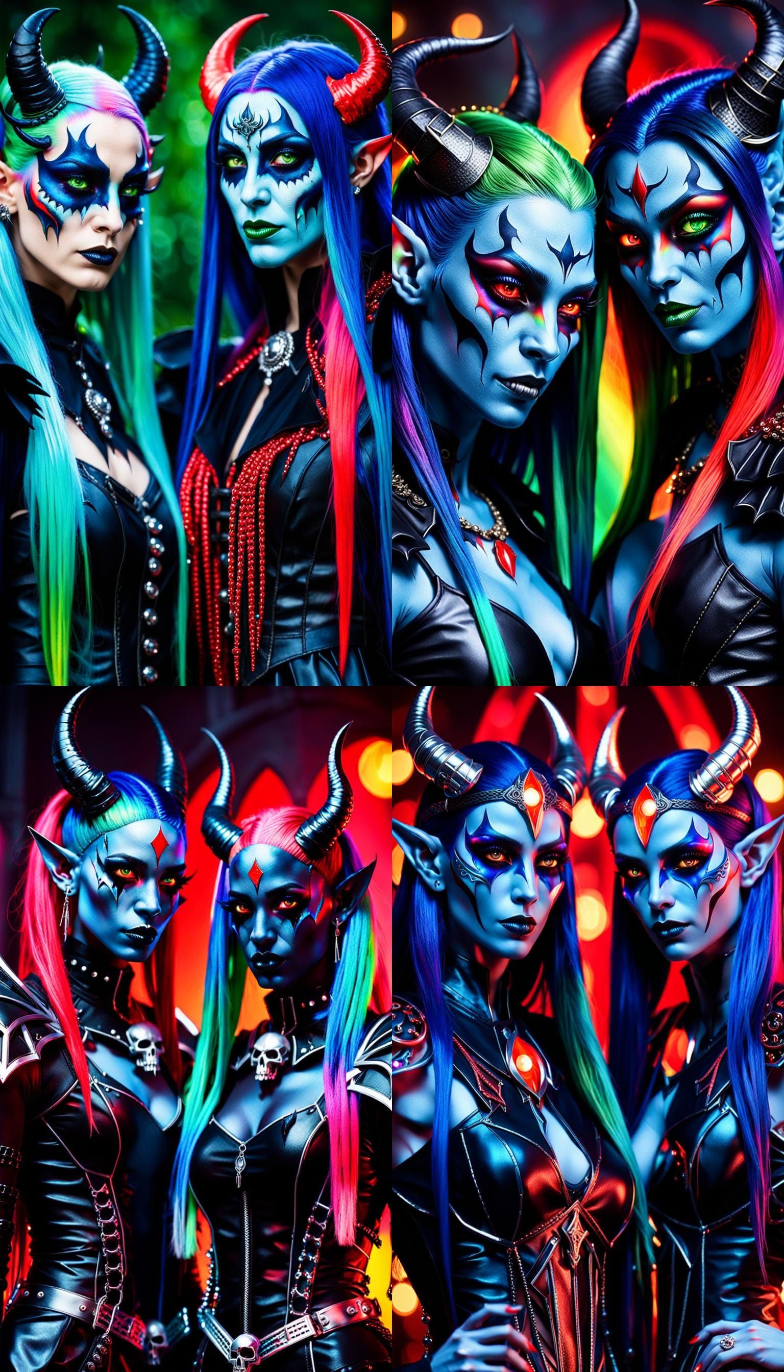 Two demon dark elf girls with long neon rainbow hair, holding a human skull