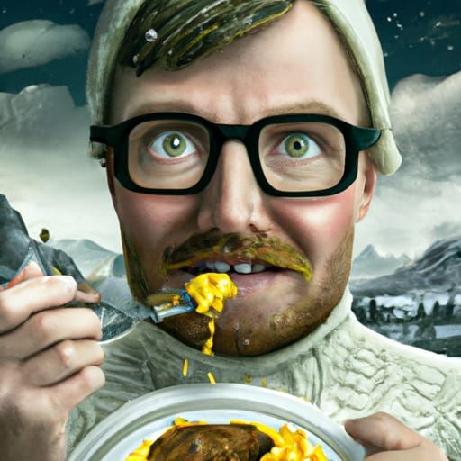 Scientist Eating Dog Food in Snowy Landscape