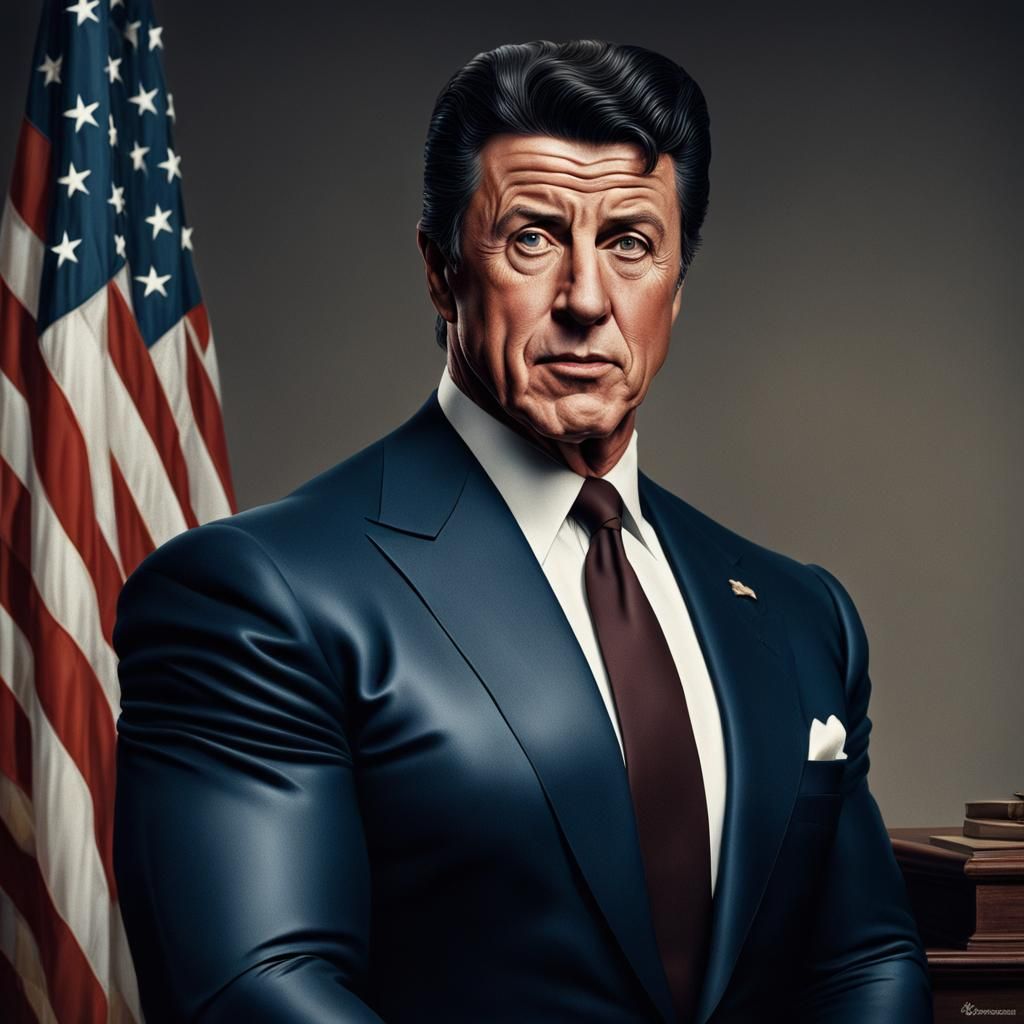 Realistic Young Sylvester Stallone as President Reagan