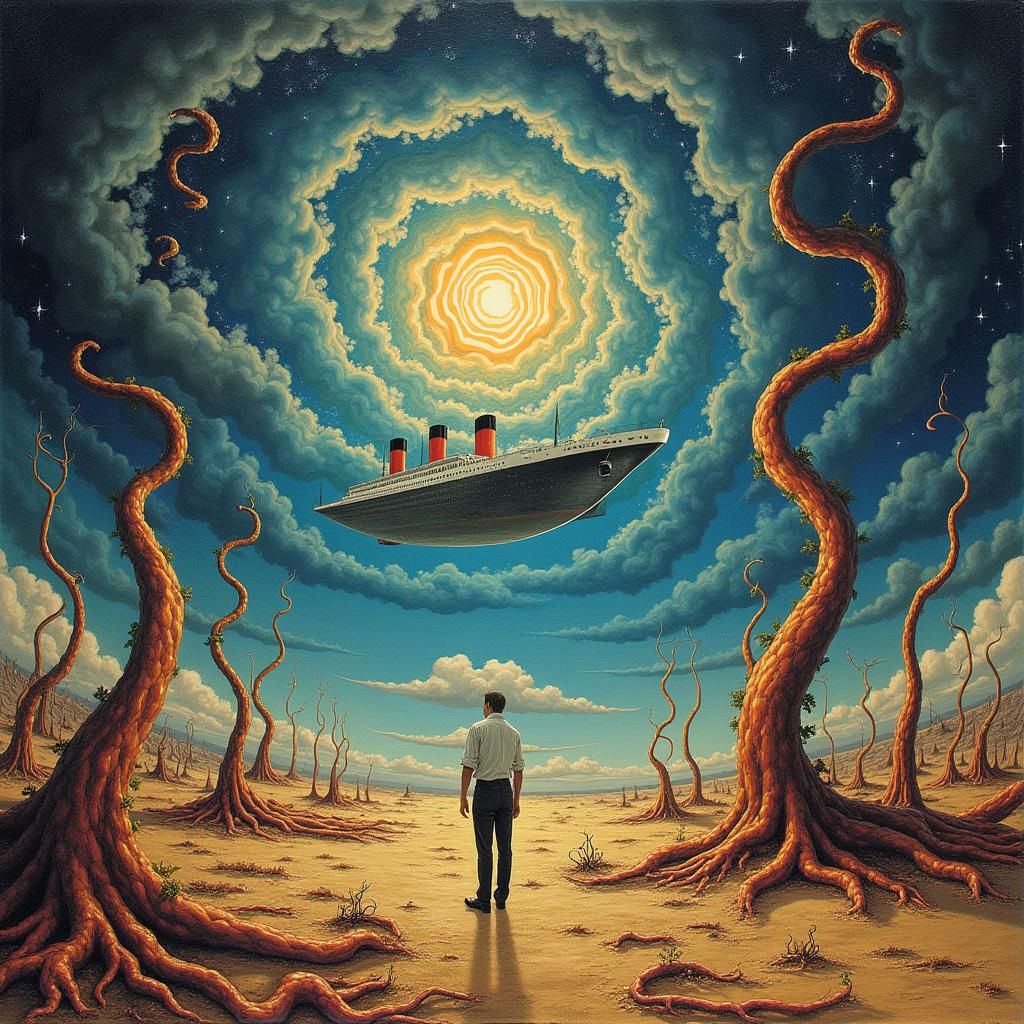 Surreal Landscape with Elastic Flora and Floating Ships