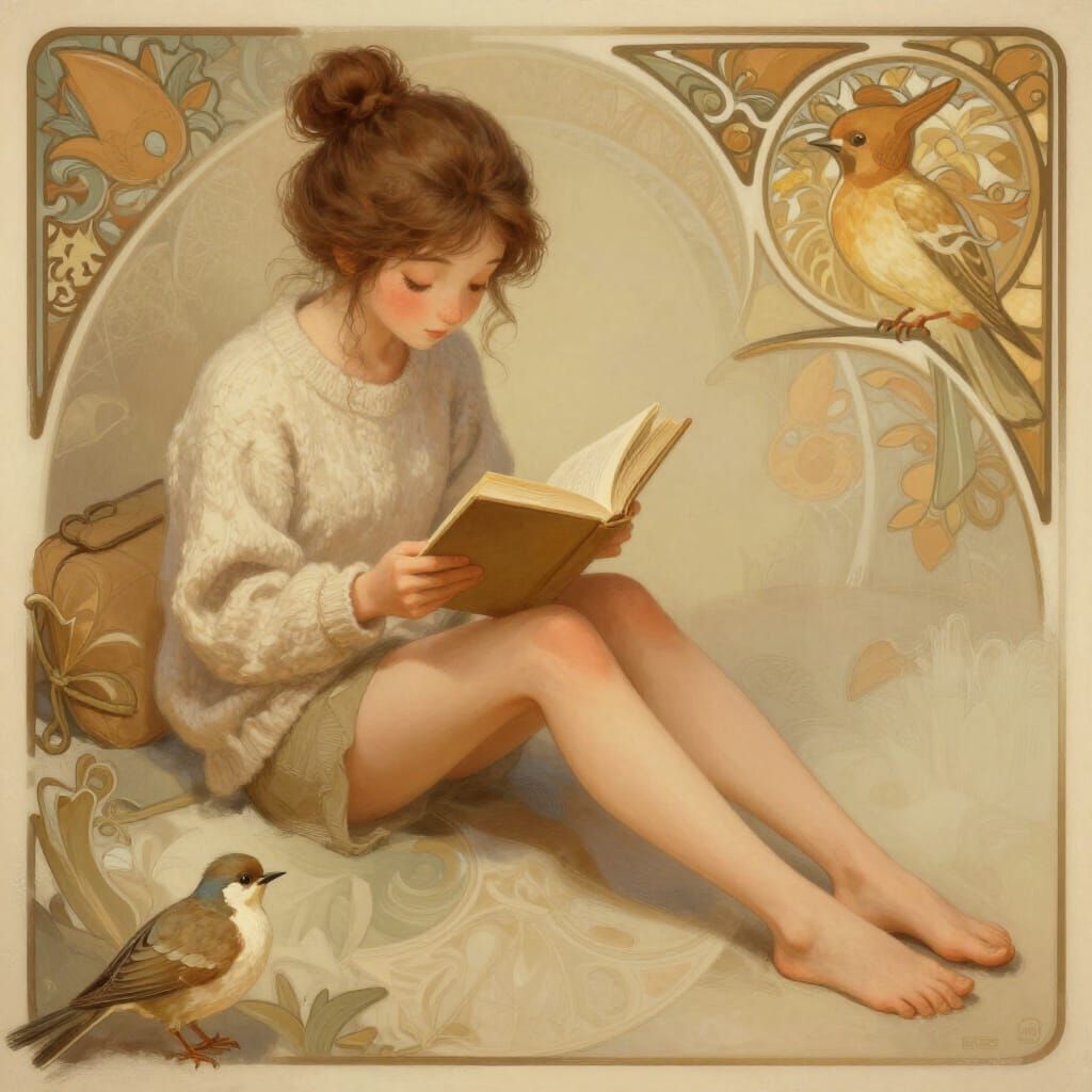 Cozy Woman Reading Book, Bird's-Eye View Digital Painting