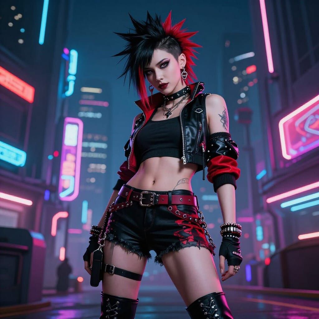 Cyberpunk Woman in Red and Black Punk Style