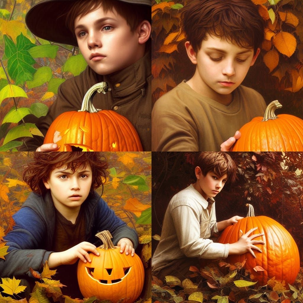 Boy Carving Pumpkin Portrait in Hyperrealistic Style