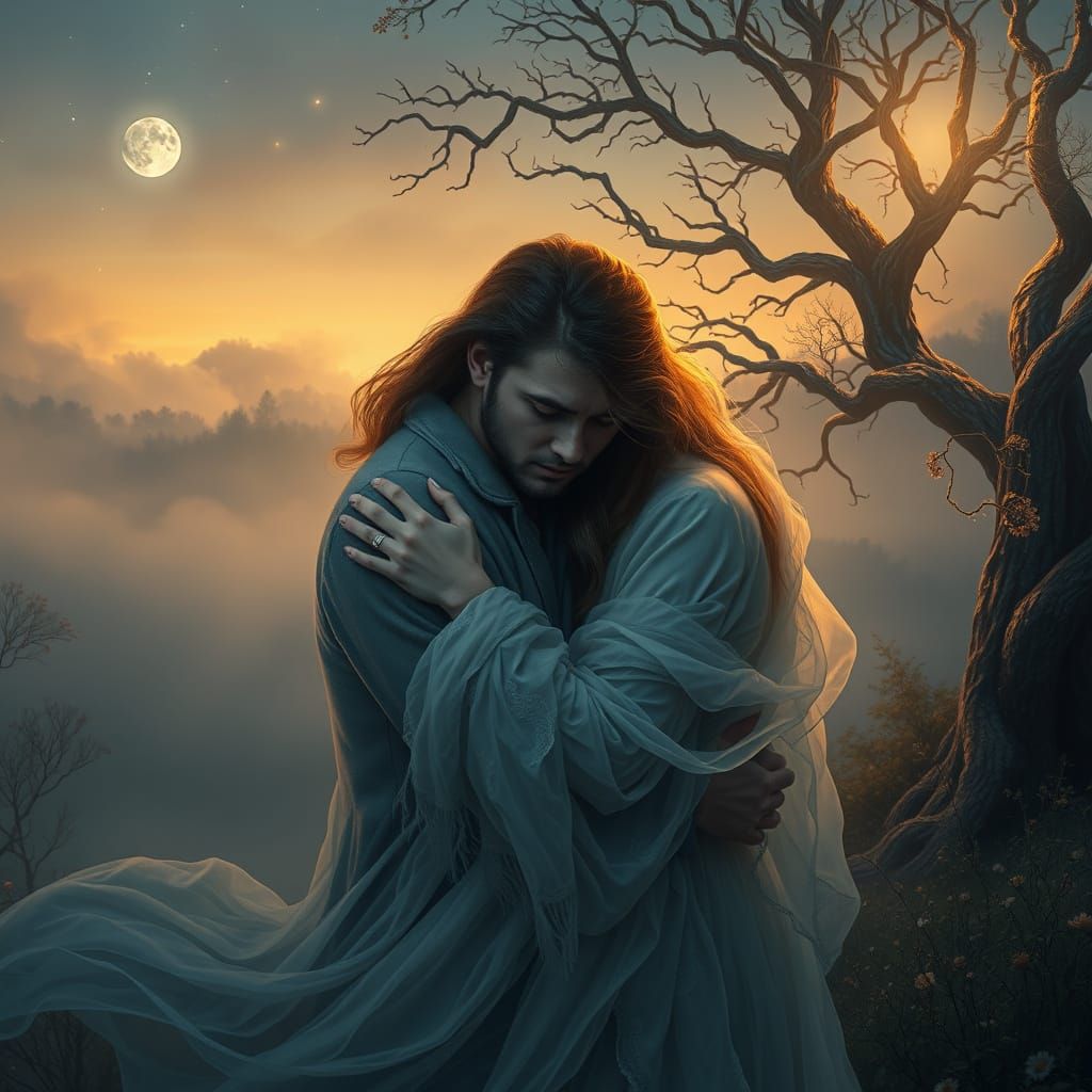 Couple in Sorrowful Embrace Under Starry Night