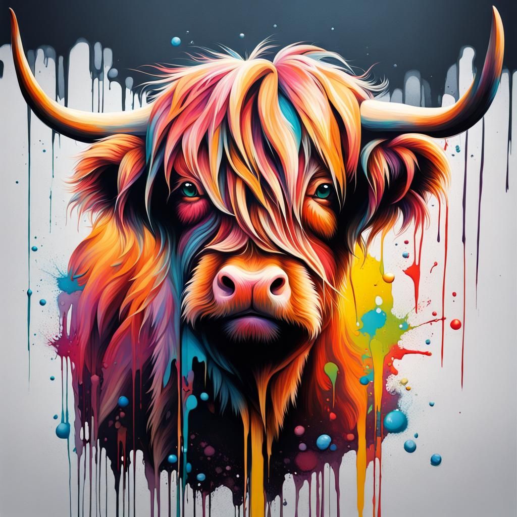 Colorful Highland Cow Graffiti Street Art