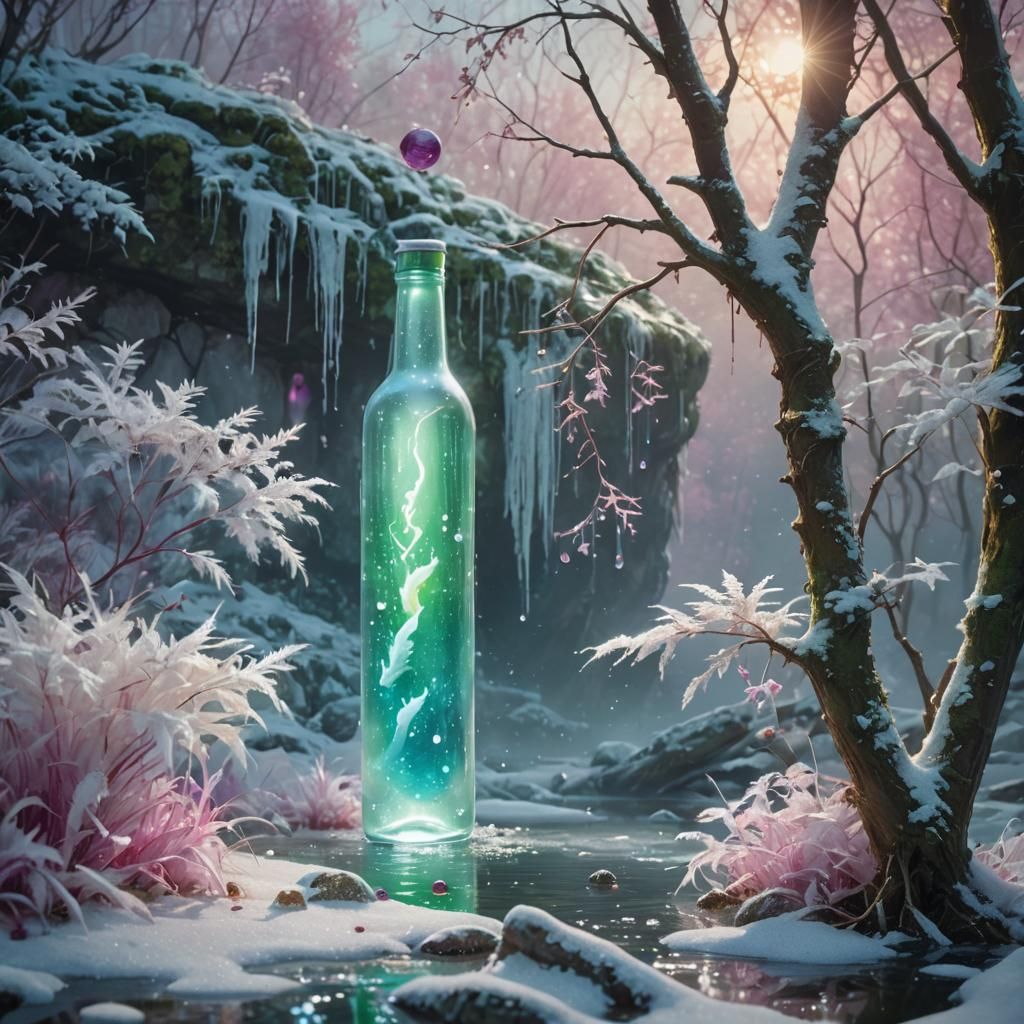 Bottle with Fur Monster on Lake Shore