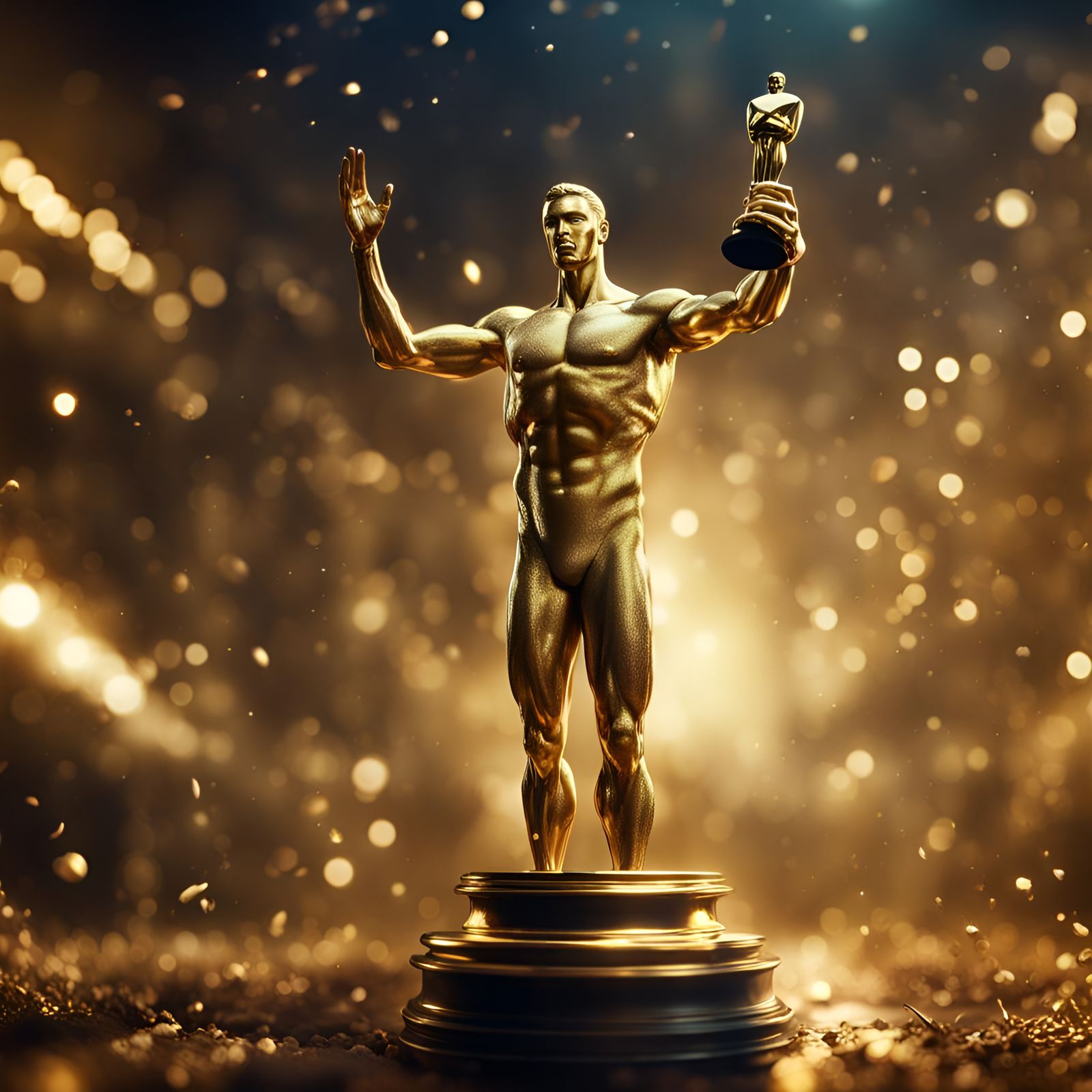 Golden Oscar Figure Lifts Man: Detailed Fantasy Art
