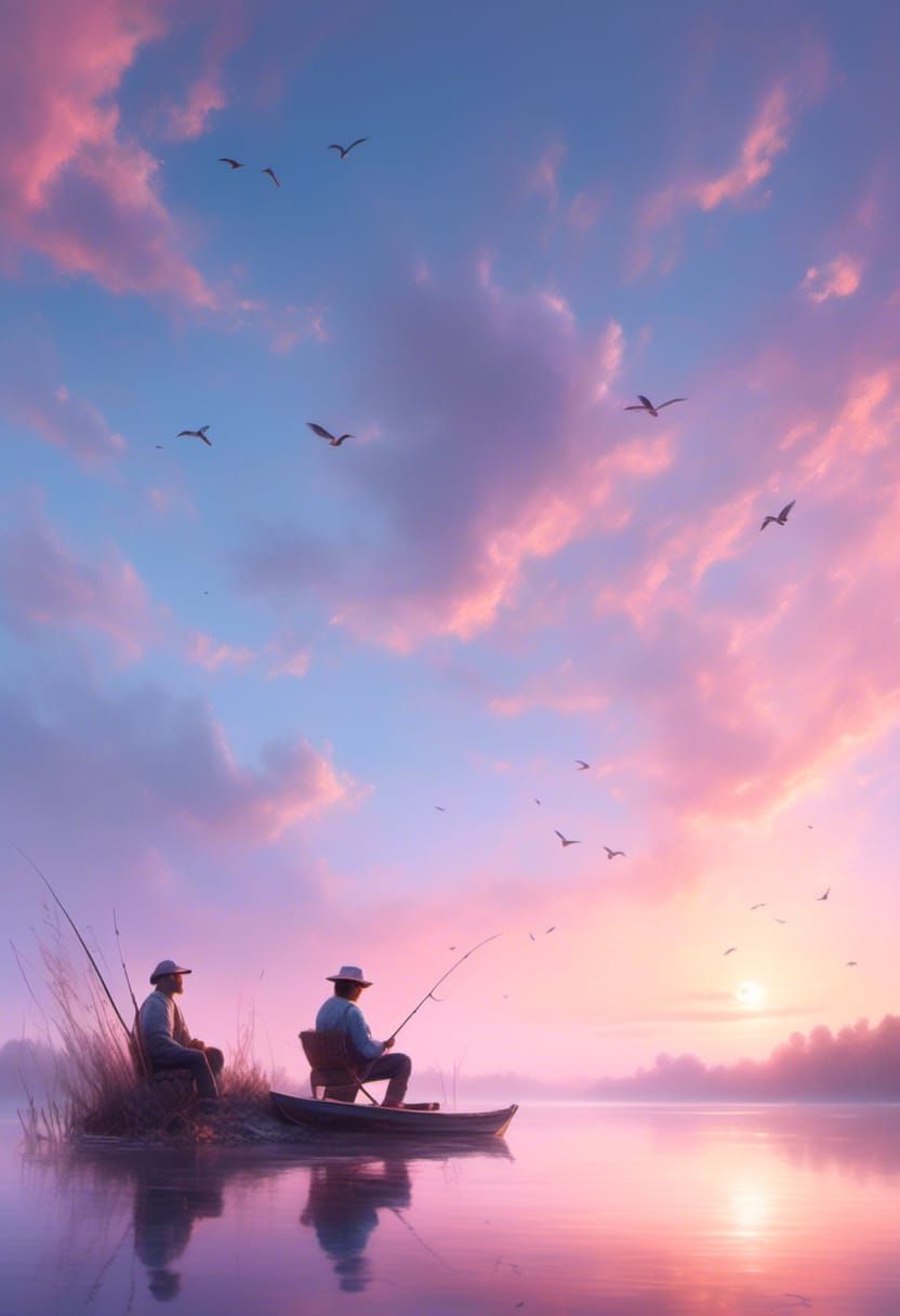 Fisherman and Spirit at Sunset: Impressionist Painting