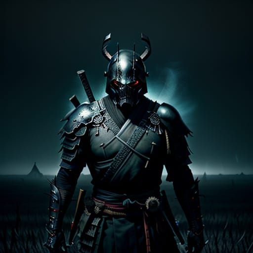 Samurai in Desolate Field with Bioluminescent Spirits