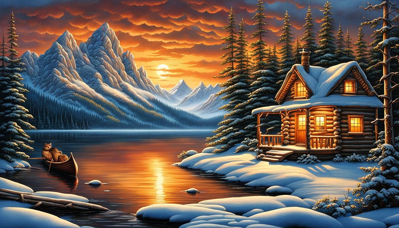 Snowy Log Cabin Lake Scene Painting