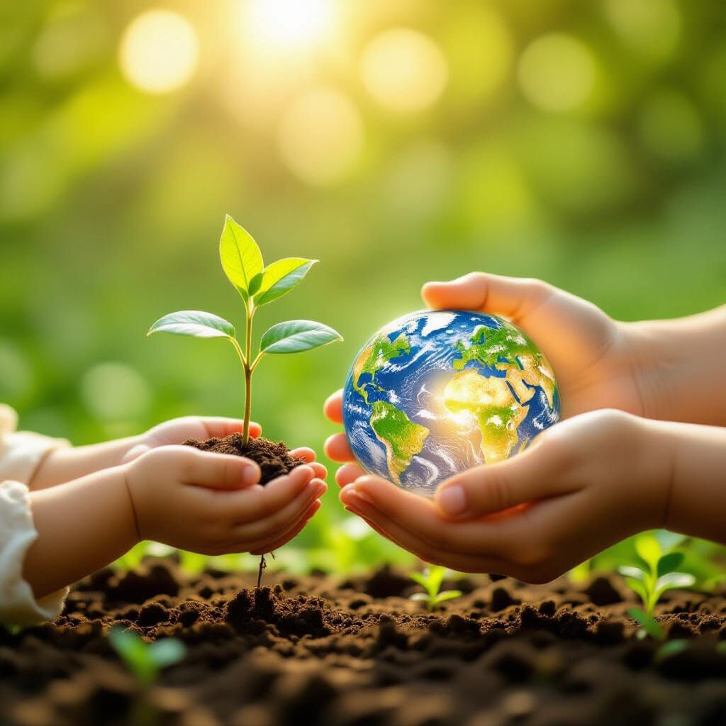 Child Offers Seedling in Impressionistic Style