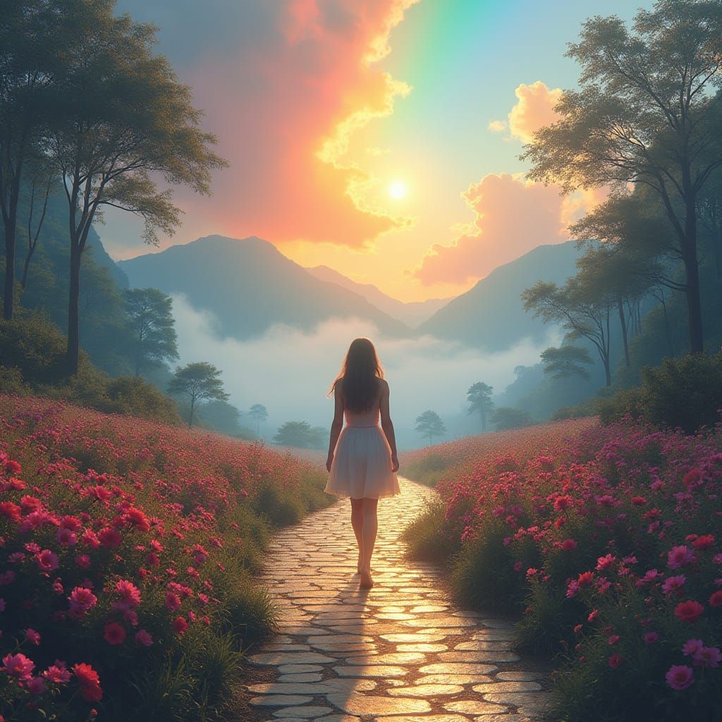 Rainbow Landscape with Woman in Digital Art Style