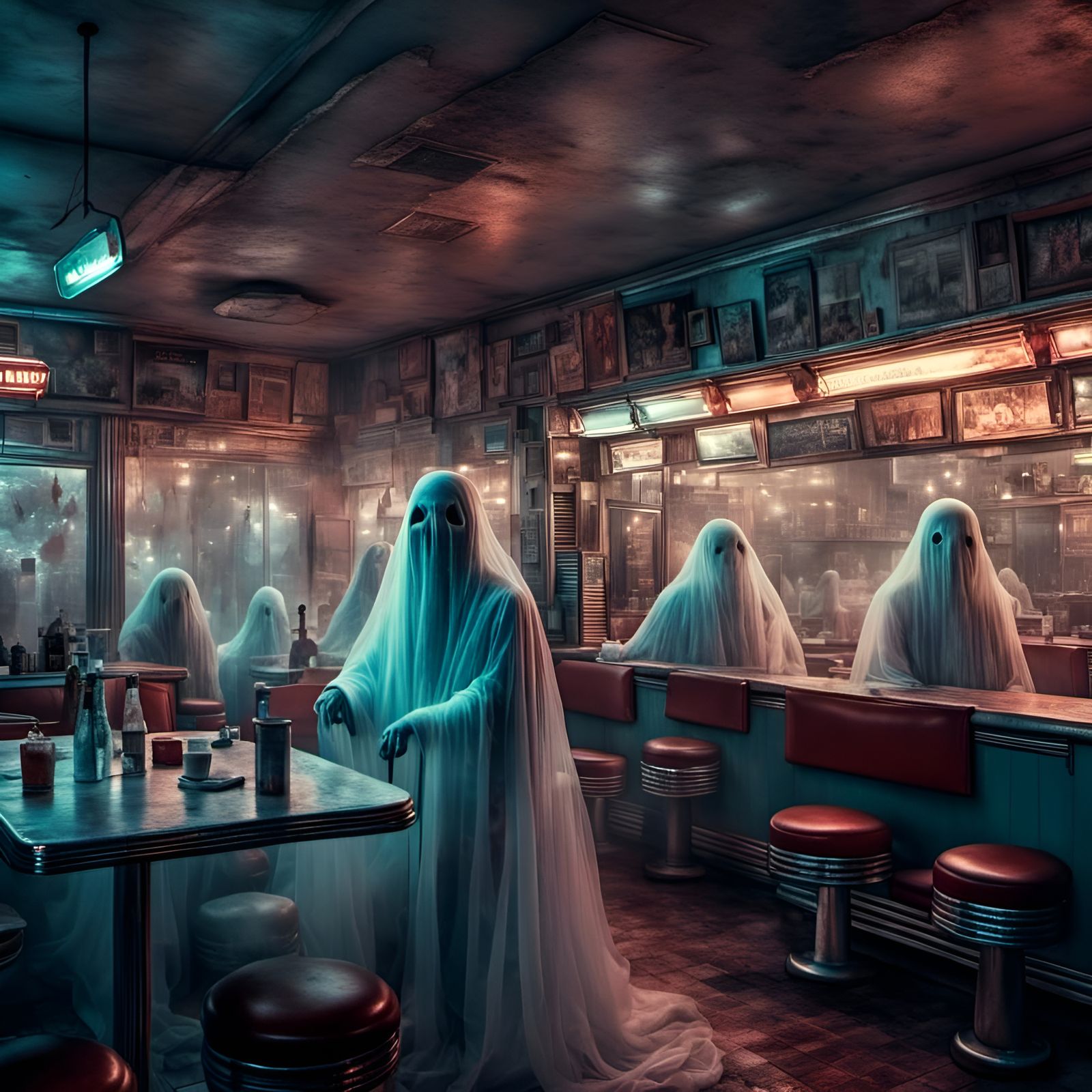 Haunted 1950s Diner: Hyperrealistic Ghost Photograph