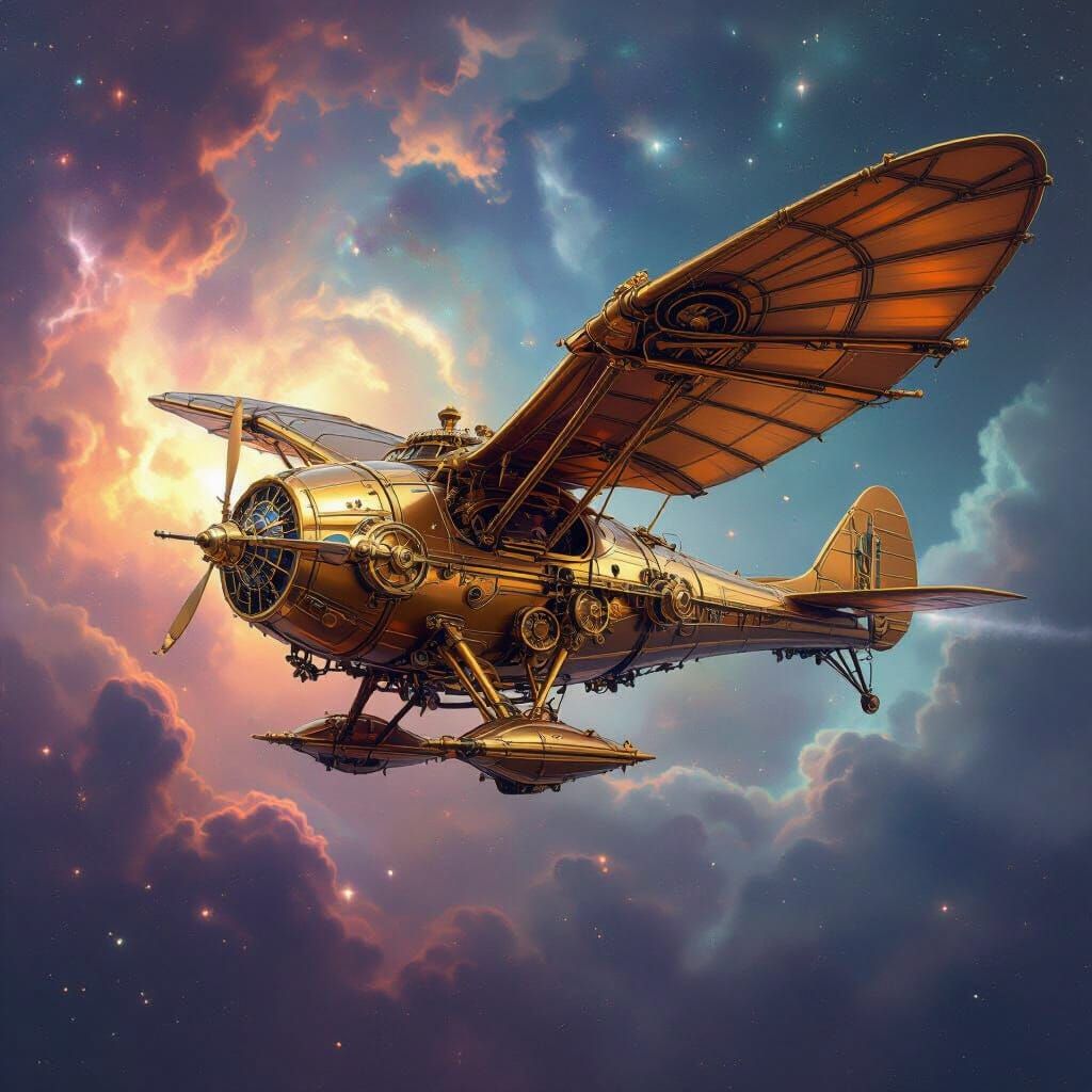 Steampunk Ornithopter Soaring Through Nebula in Futuristic S...