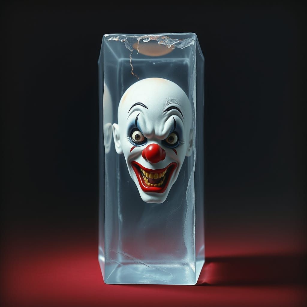 Cube, Ice cube containing scary clowns head,