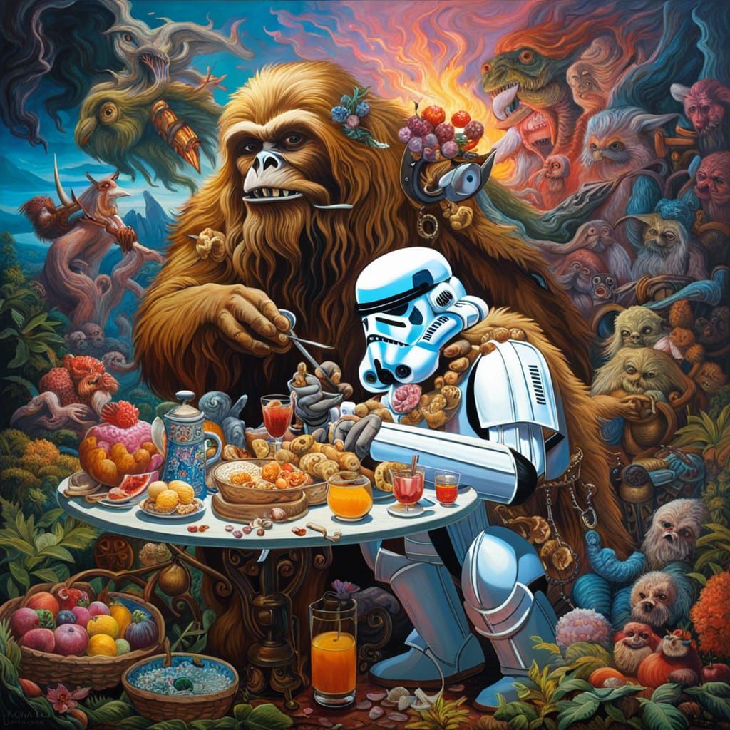 Yeti and Stormtrooper Breakfast: Maximalist Oil Painting
