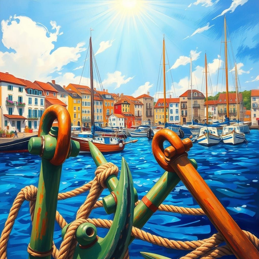Impressionist Harbor Scene with Anchors and Sailboats