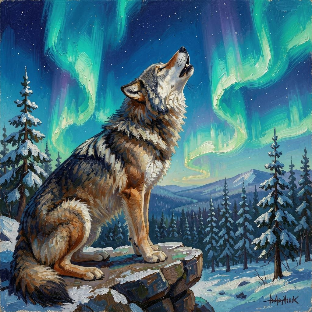 Wolf Howling at Aurora Borealis in Romantic Landscape Style