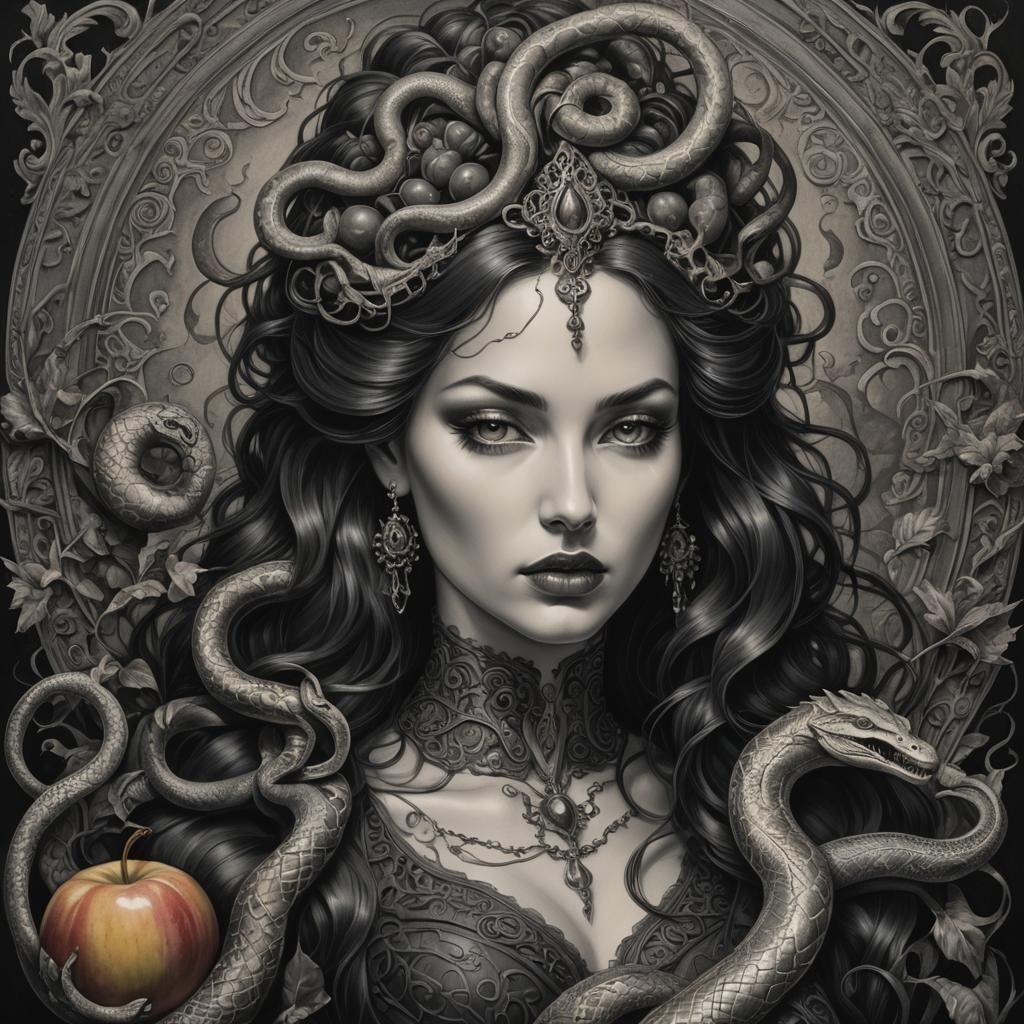 Voluptuous Woman with Serpent Features in Charcoal Style