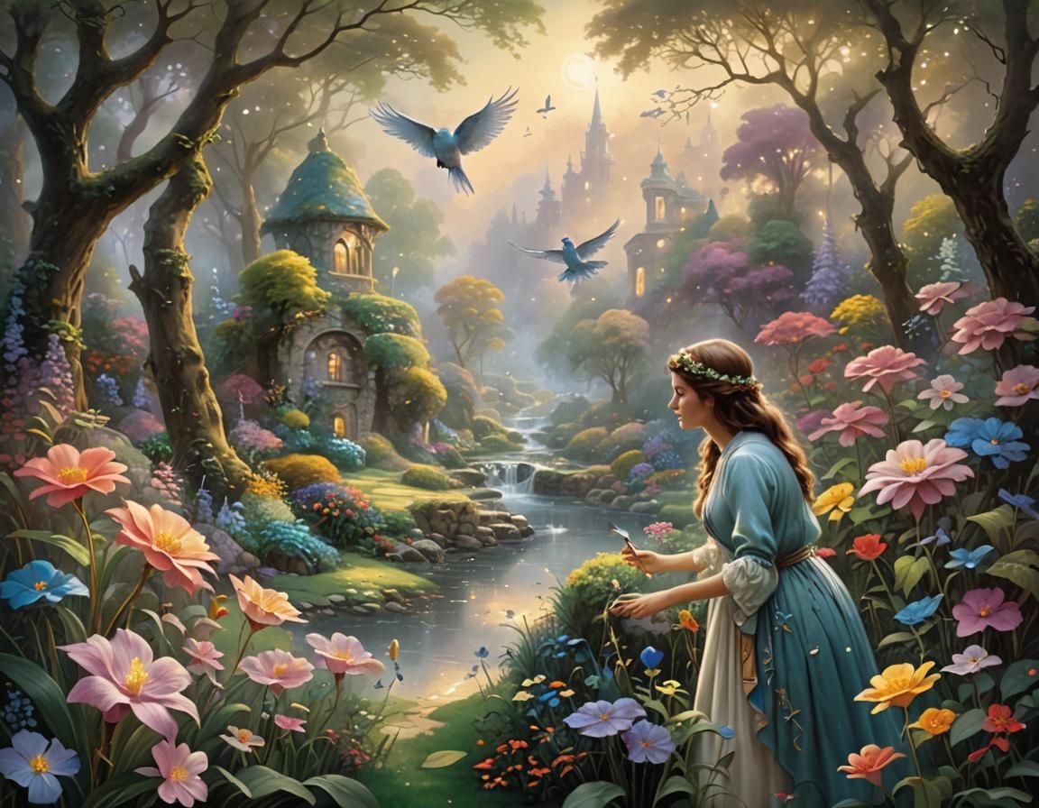 Ethereal Fantasy Garden Scene in Kinkade Style