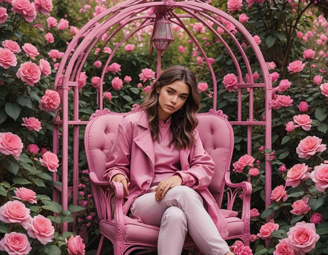 Girl in Pink Gazebo in Magenta Garden