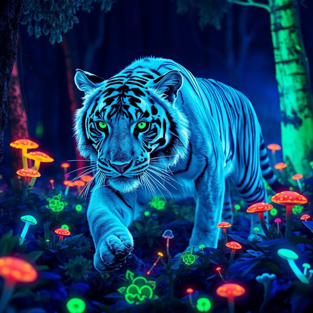 Ethereal White Tiger in Fluorescent Forest