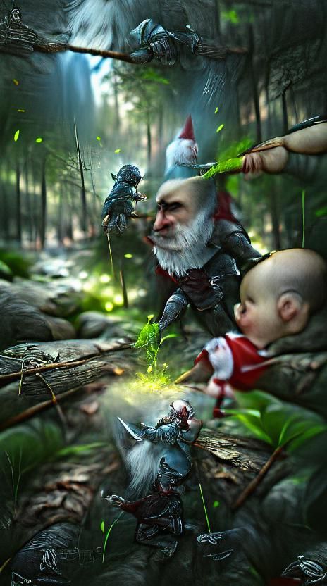 A gnome does fierce battle with an evil dark elf in the fore...