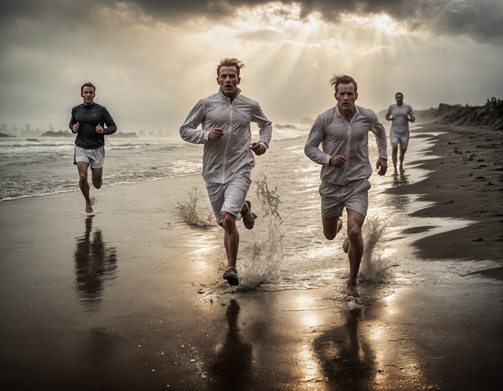 British Runners Embody Vintage Spirit on Stormy Dawn Beach