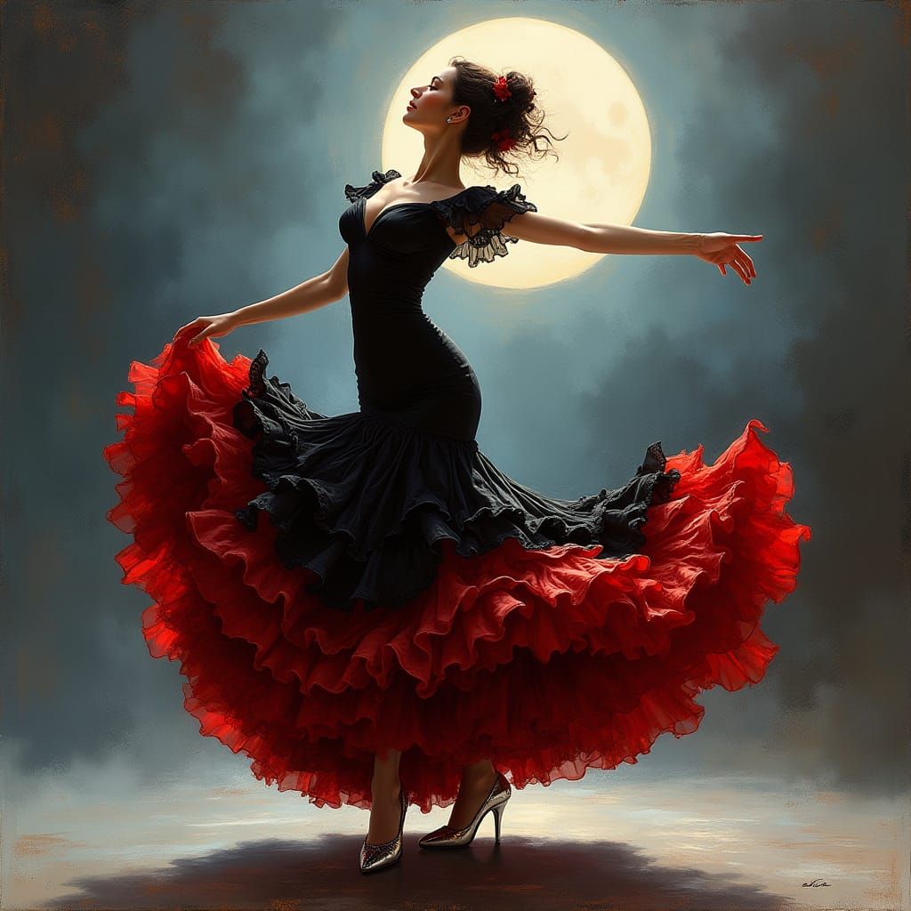 Flamenco Dancer in Moonlight, Art Nouveau Style