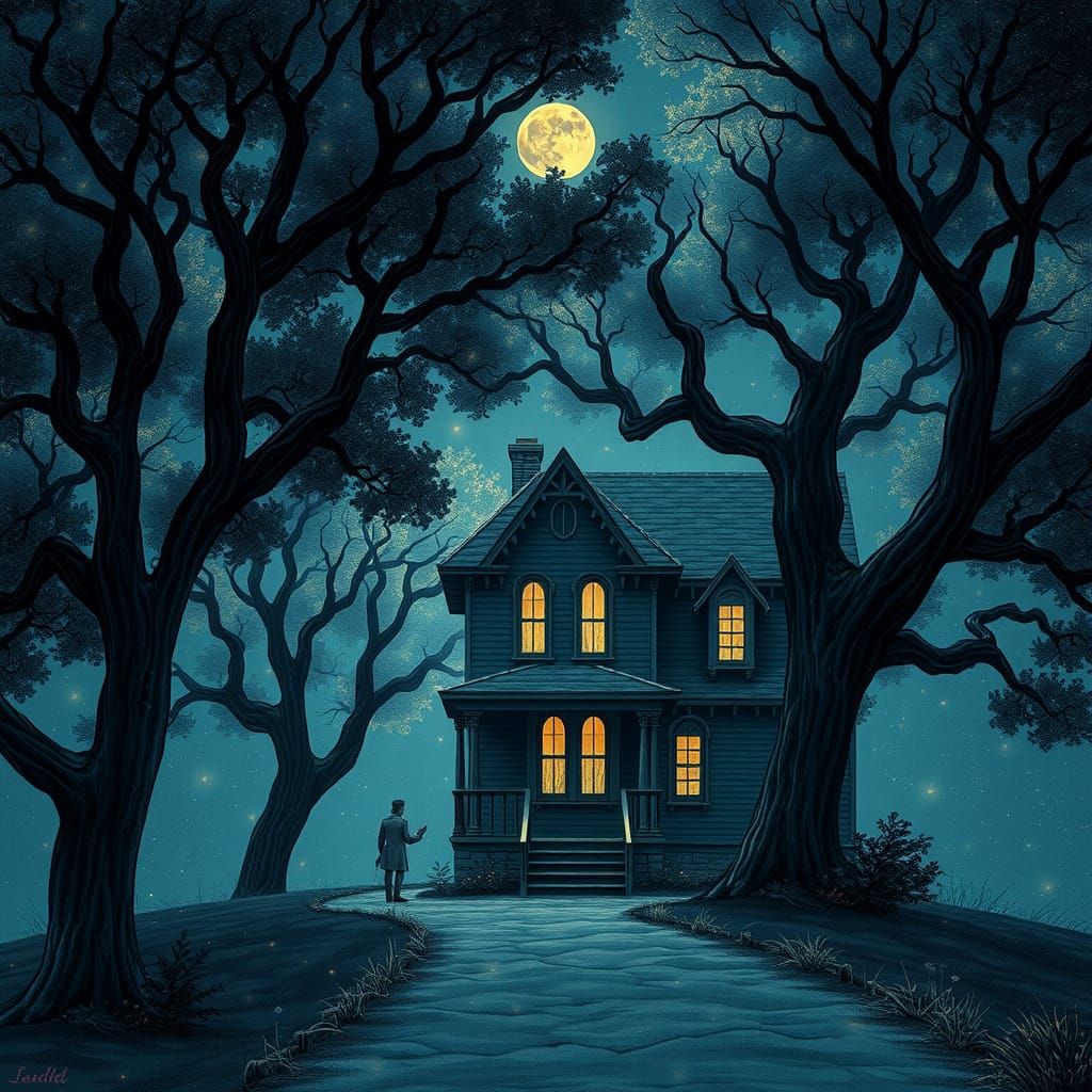 Astral House Under Moonlight, Holographic Illustration