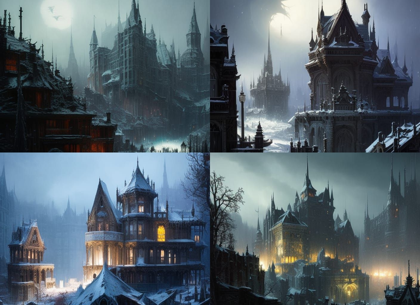 Bleak Winter Castle Overlooks Frozen Cityscape