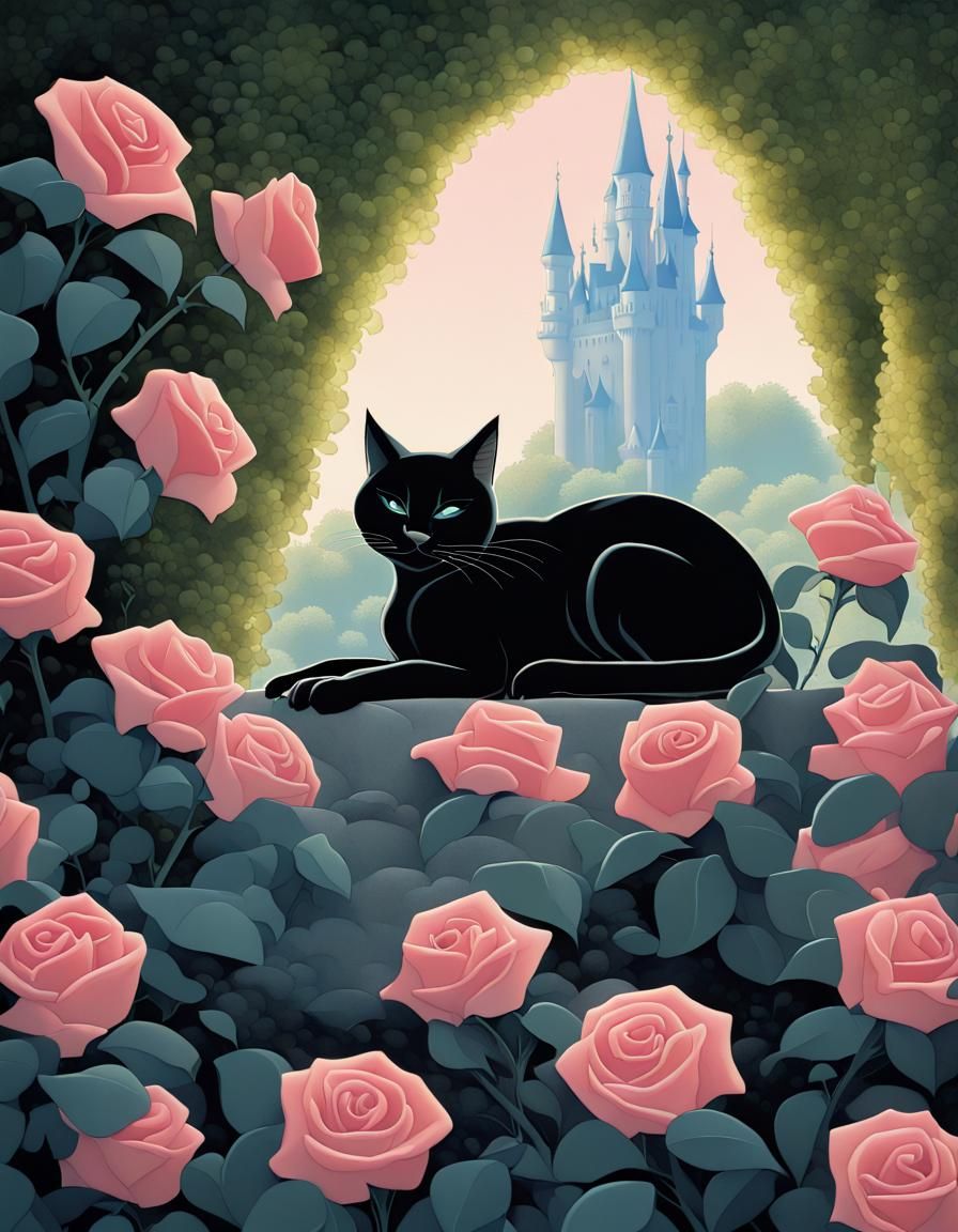 Cat Sleeping by Rose Bush in Disney Animation Style