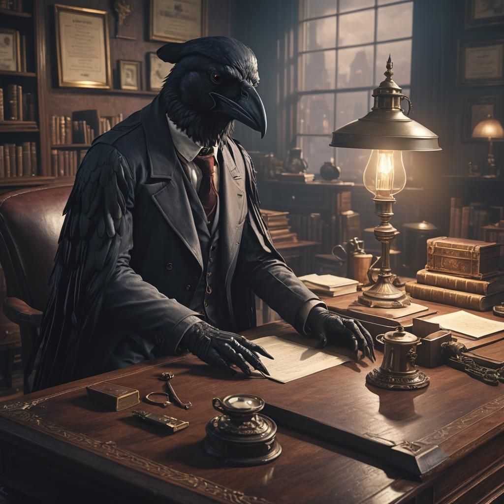 Crow Detective at Victorian Desk, Detailed Matte Painting