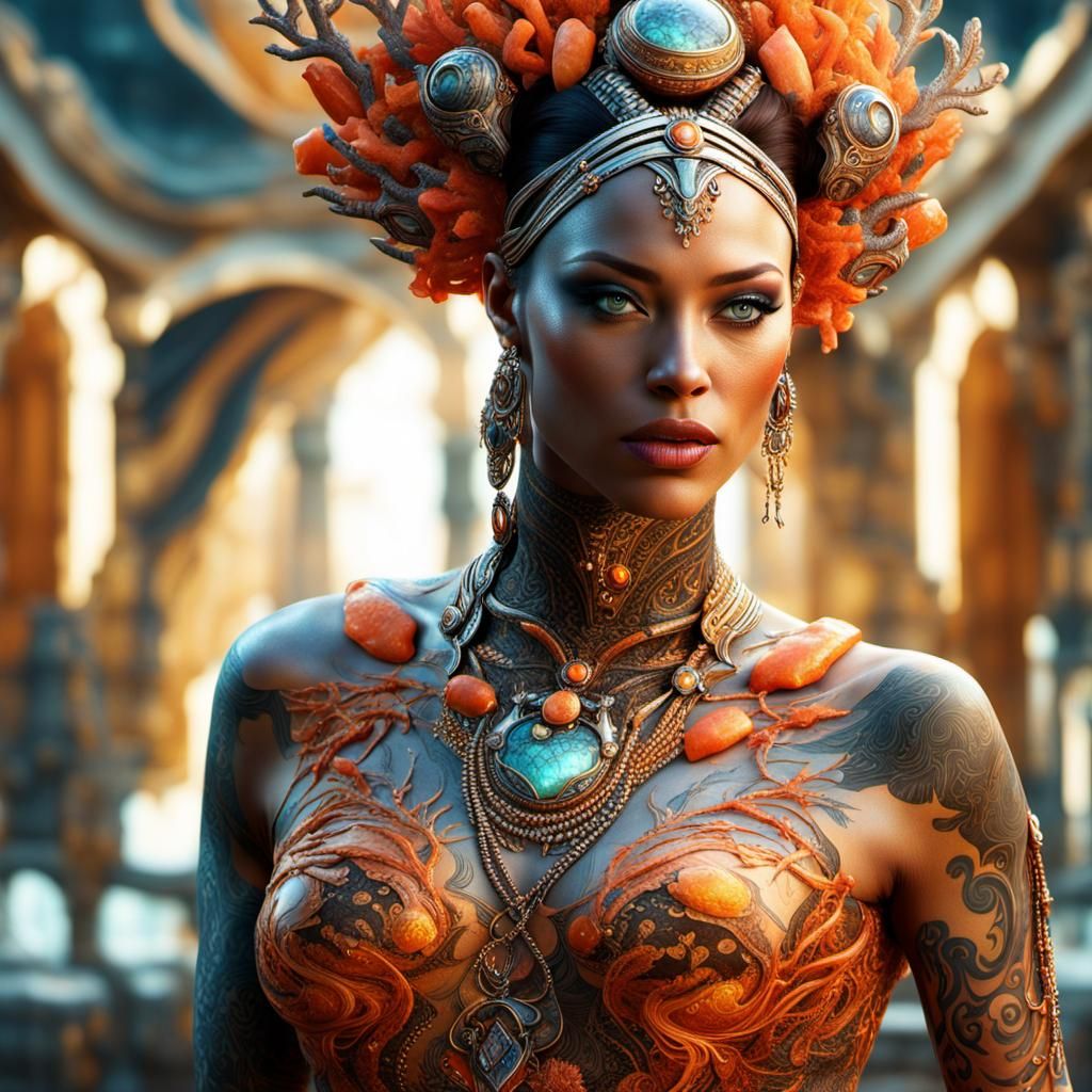 Amber and Coral Supermodel: Hyperrealistic Digital Art