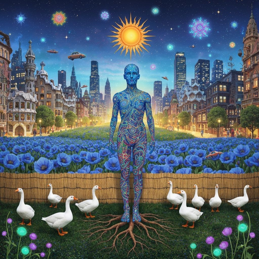 Folkloric Robot & Geese in Surreal Eco-Garden, 1920s Style