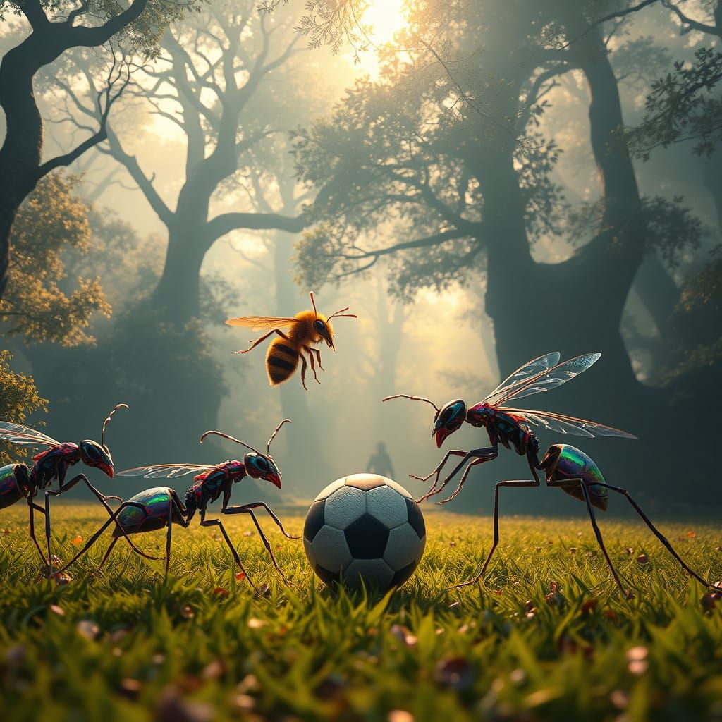 Whimsical Forest Football Match in Iridescent Hues