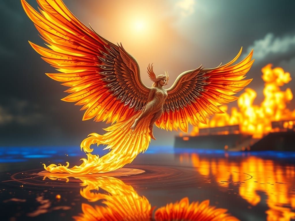 Golden Goddess Soars Above Blazing Lake with Phoenix