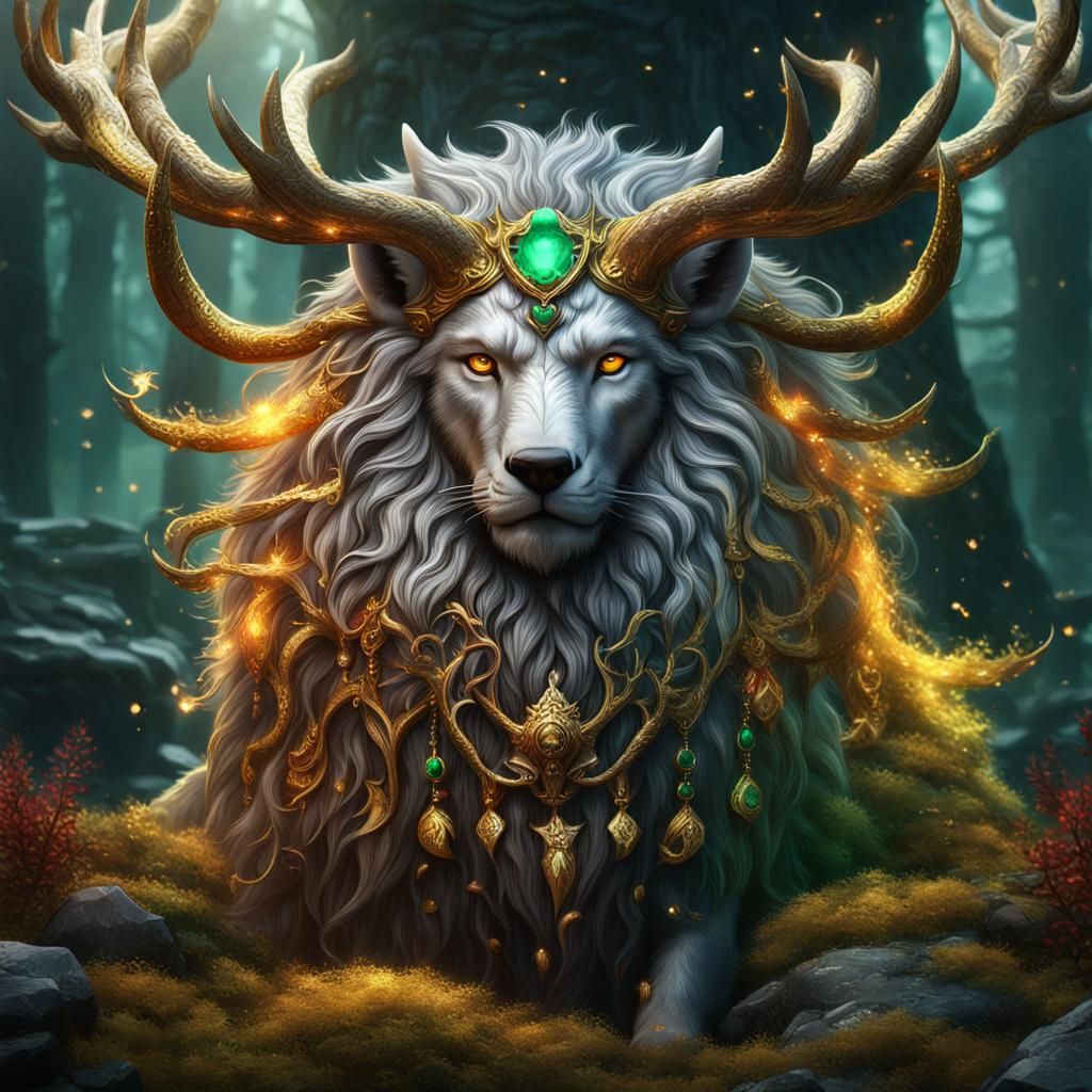 Mystical Wolf Stag with Golden Horns