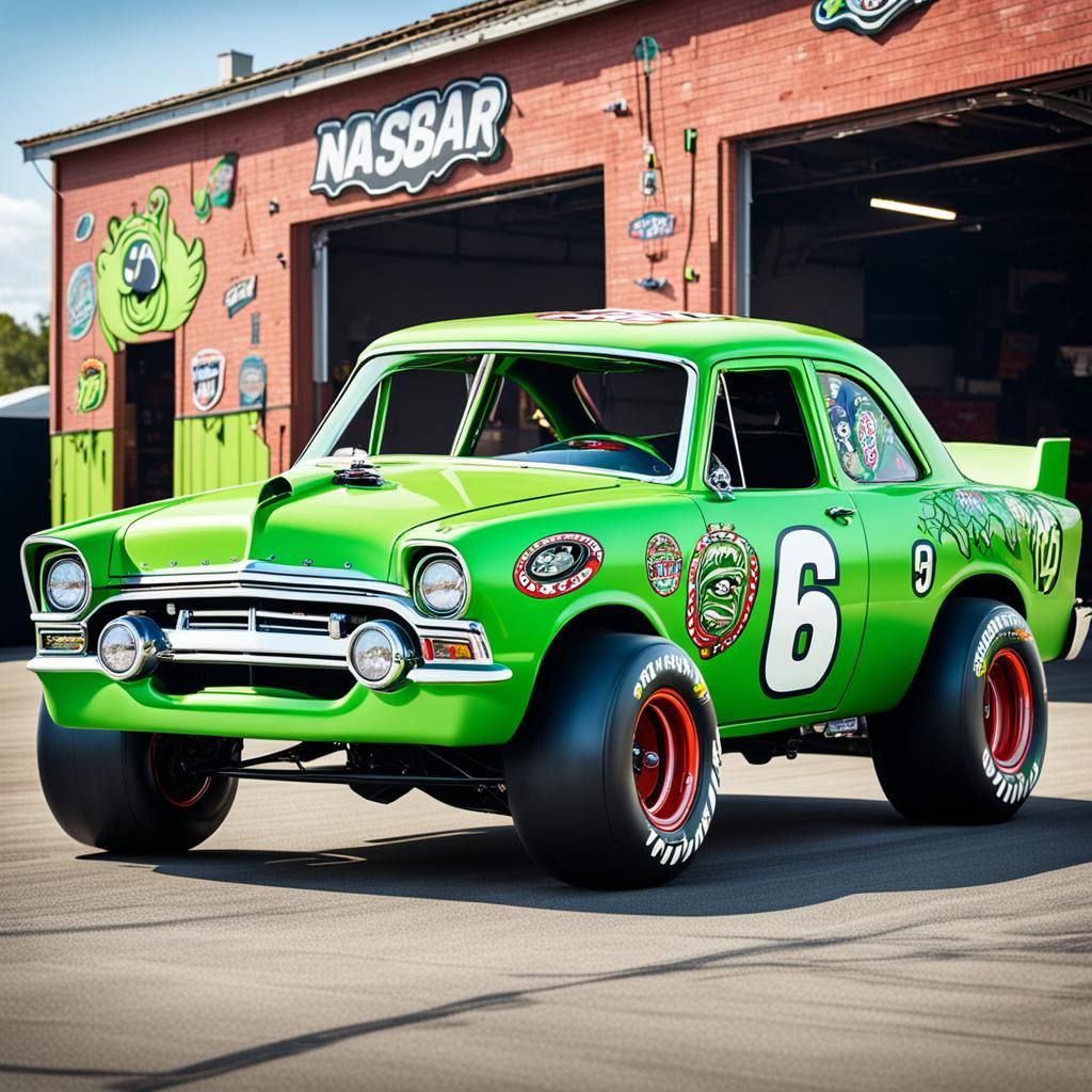 Bright Green NASCAR Car with Rat Fink Art