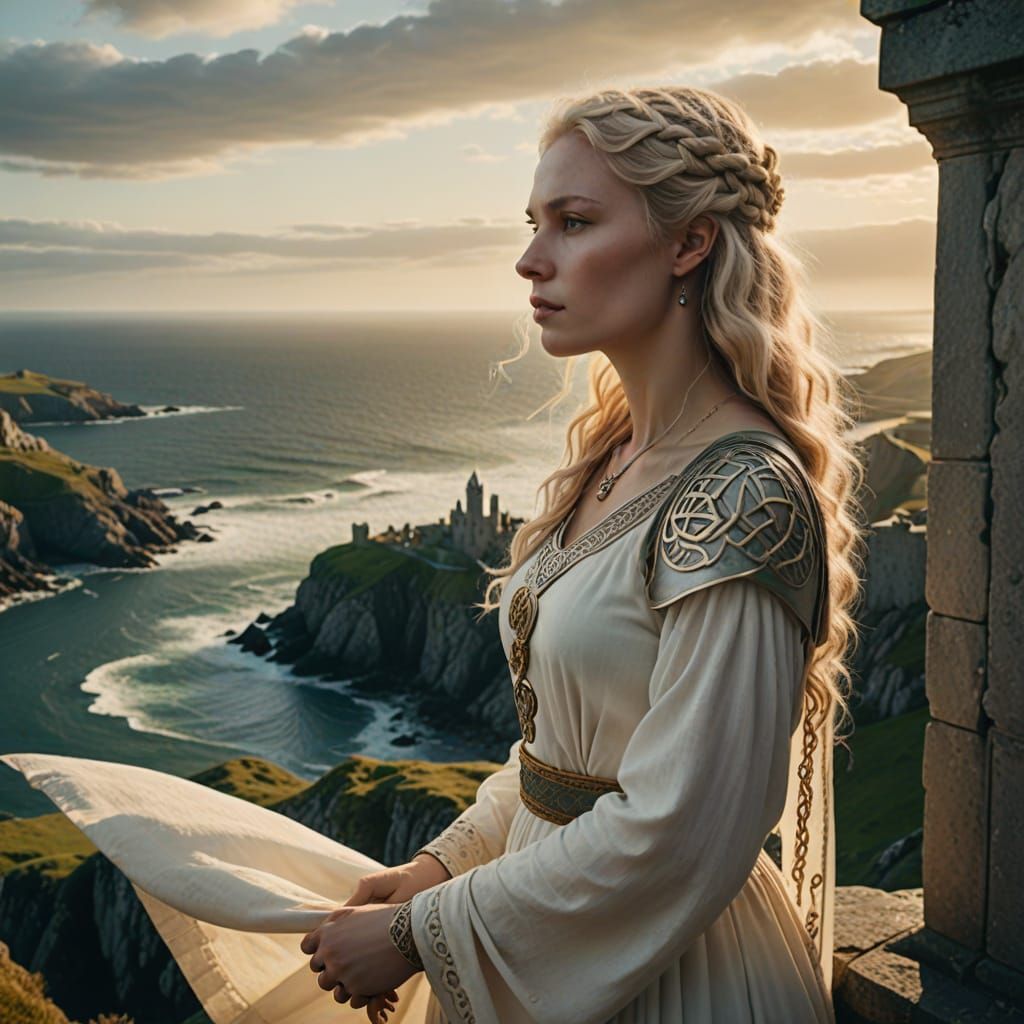 Ethereal Celtic Priestess Enchants with White Wolf in Breath...