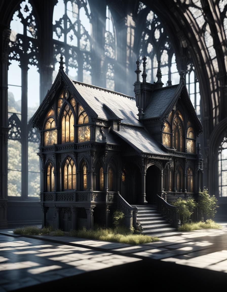 Beautiful gothic house painted black& ethereal vibes& whimsical vibes& beautiful craftsmanship vibes& hyperdetailed intr...