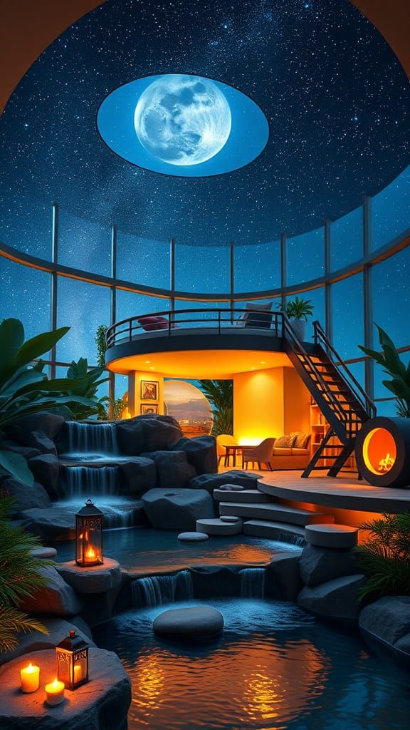 Serene Modern Loft Oasis Under Starry Night Sky