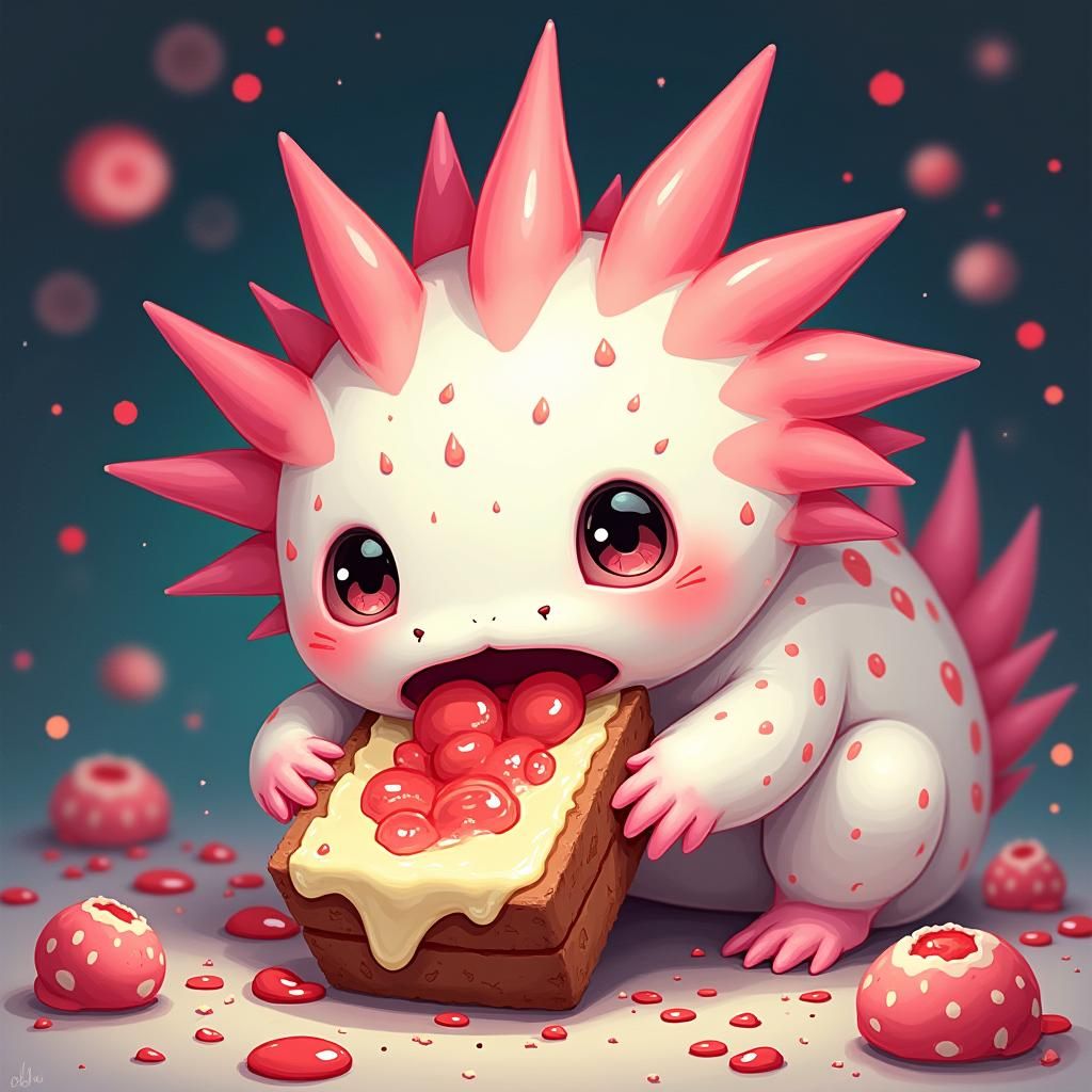 Cute Axolotl Devouring Cake in Anime Style