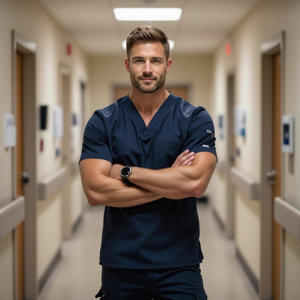 Athletic Man Poses in Hospital Hallway