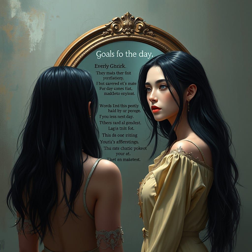 Confident Woman Embracing Her Reflection in Ethereal Fantasy...