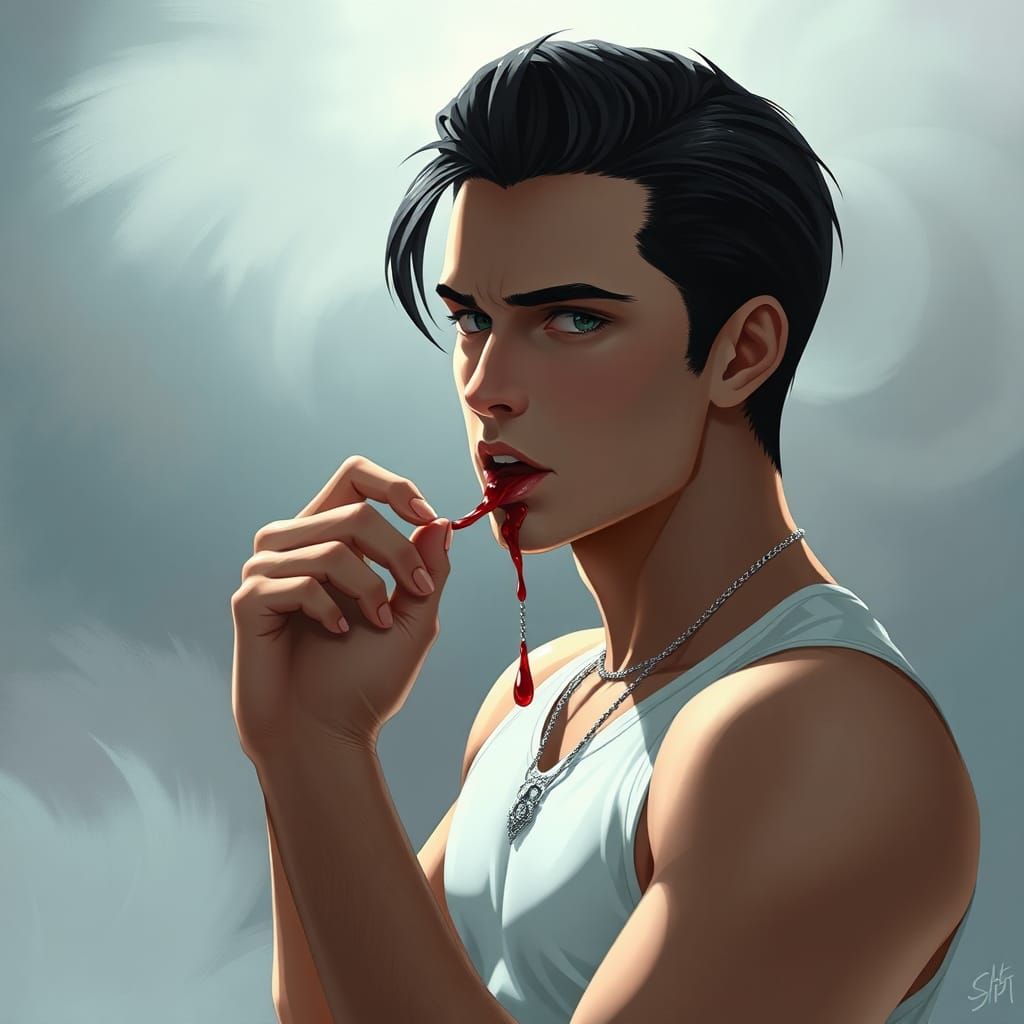 Handsome Anime Vampire with Blood