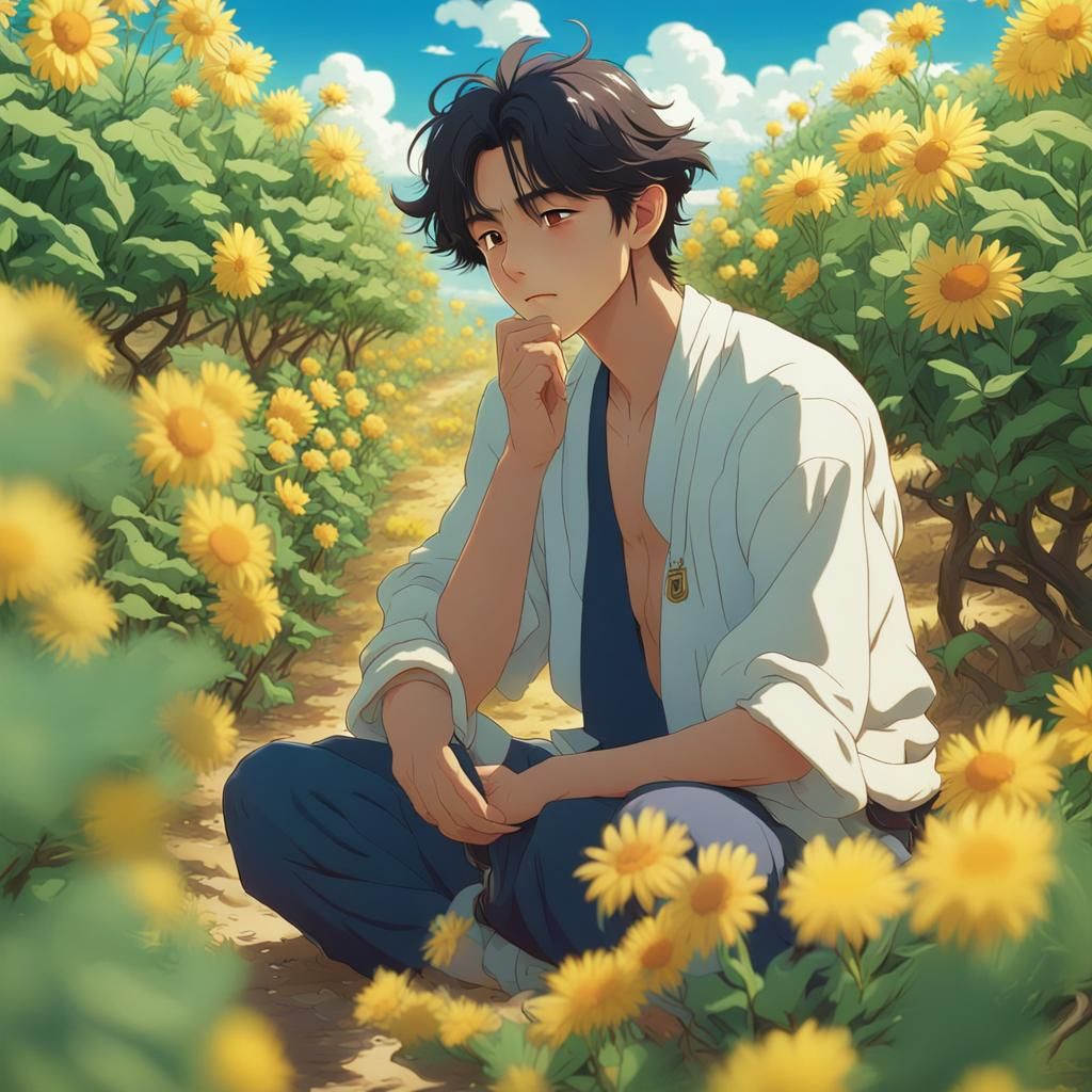 Anime Prince Smiles in Daisy Field, Ghibli Style