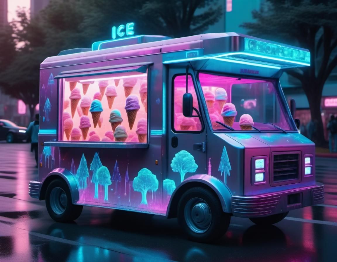 Cyberpunk Ice Cream Truck in Futuristic City