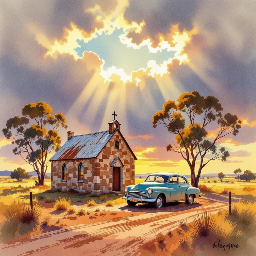 Watercolor Outback Church Scene with Morris Minor